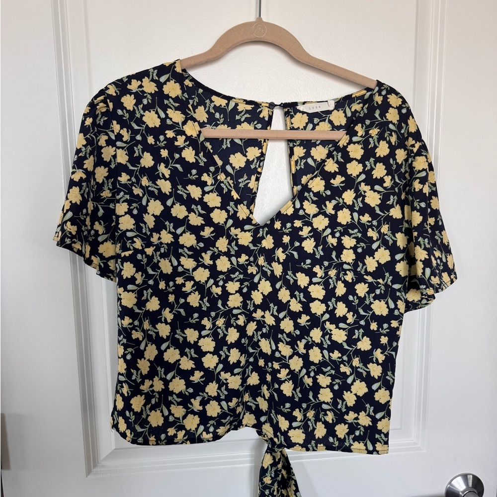 Lush Navy Floral backless Blouse with Yellow Flowers